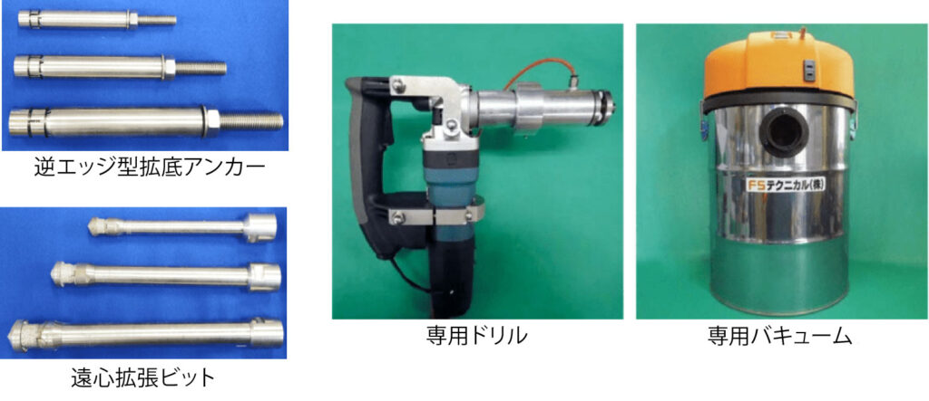 フジタ式拡底アンカーの逆エッジ型拡底アンカー専用機材、遠心拡張ビット、専用ドリル、専用バギューム